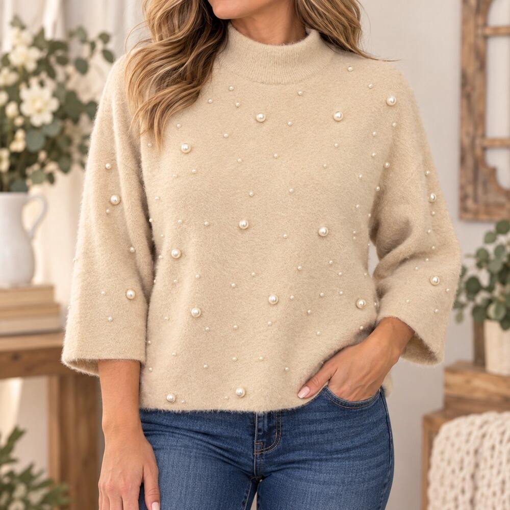 Alfani PM Fuzzy Pearl Embellished Sweater Petite Medium Beige Soft Mock Neck